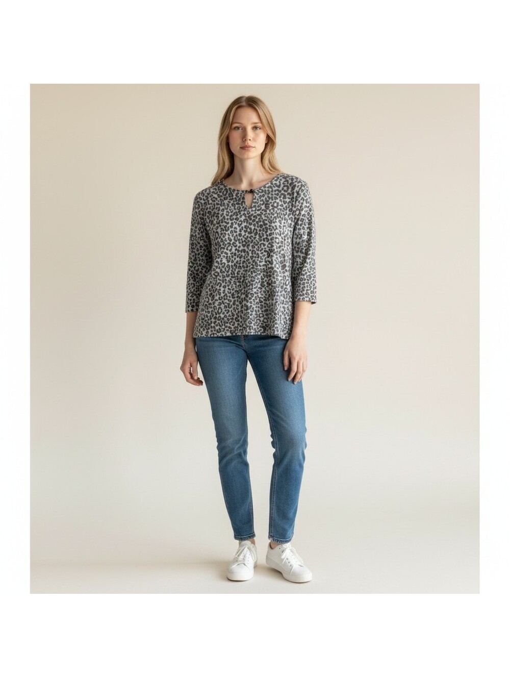 Alfred Dunner Sweater Pullover Women M Medium Gray Animal Print Knit 3/4 Sleeve